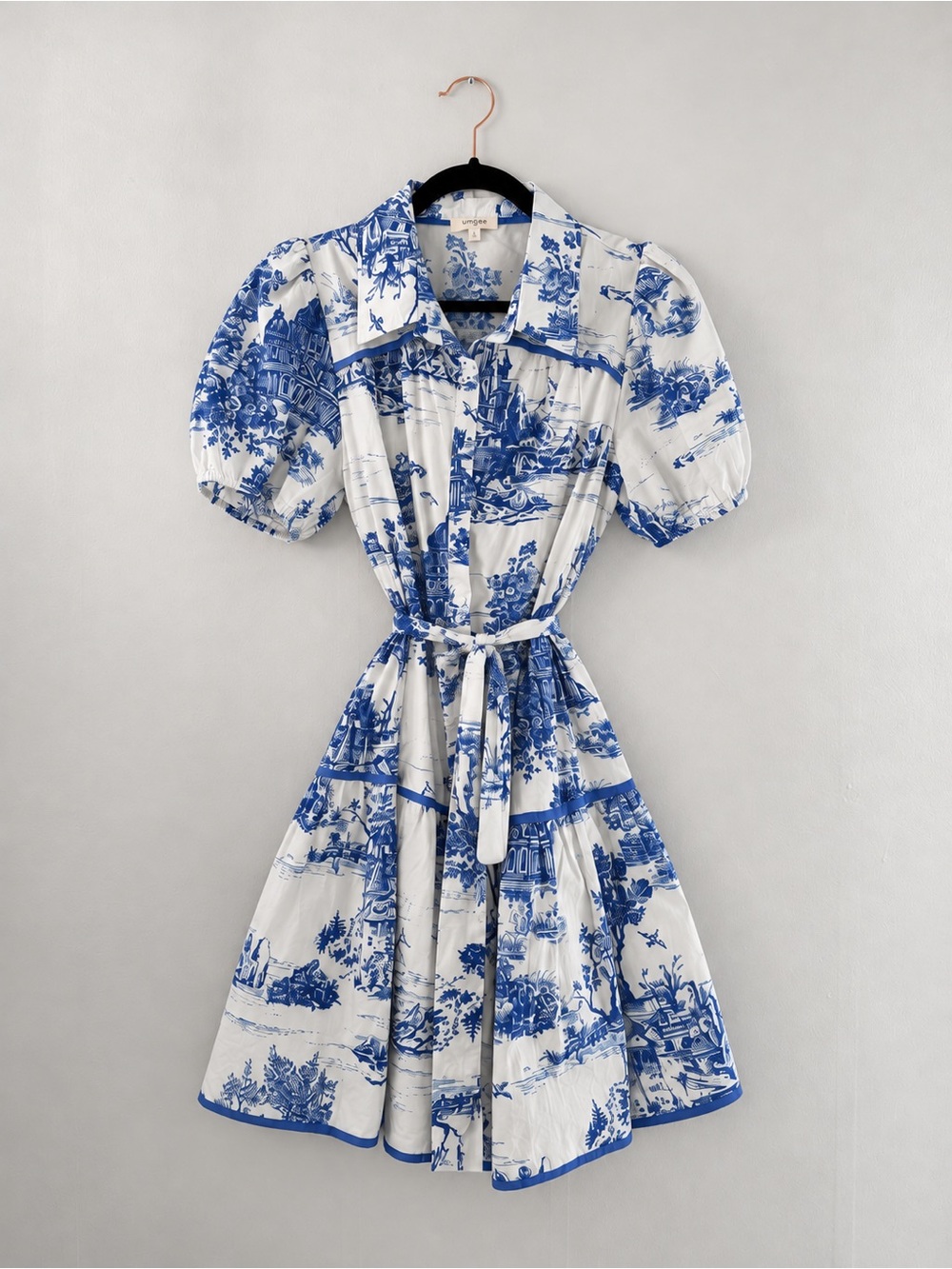 Umgee Blue White Toile Delft Puff Sleeve Belted Mini Shirt Dress Small